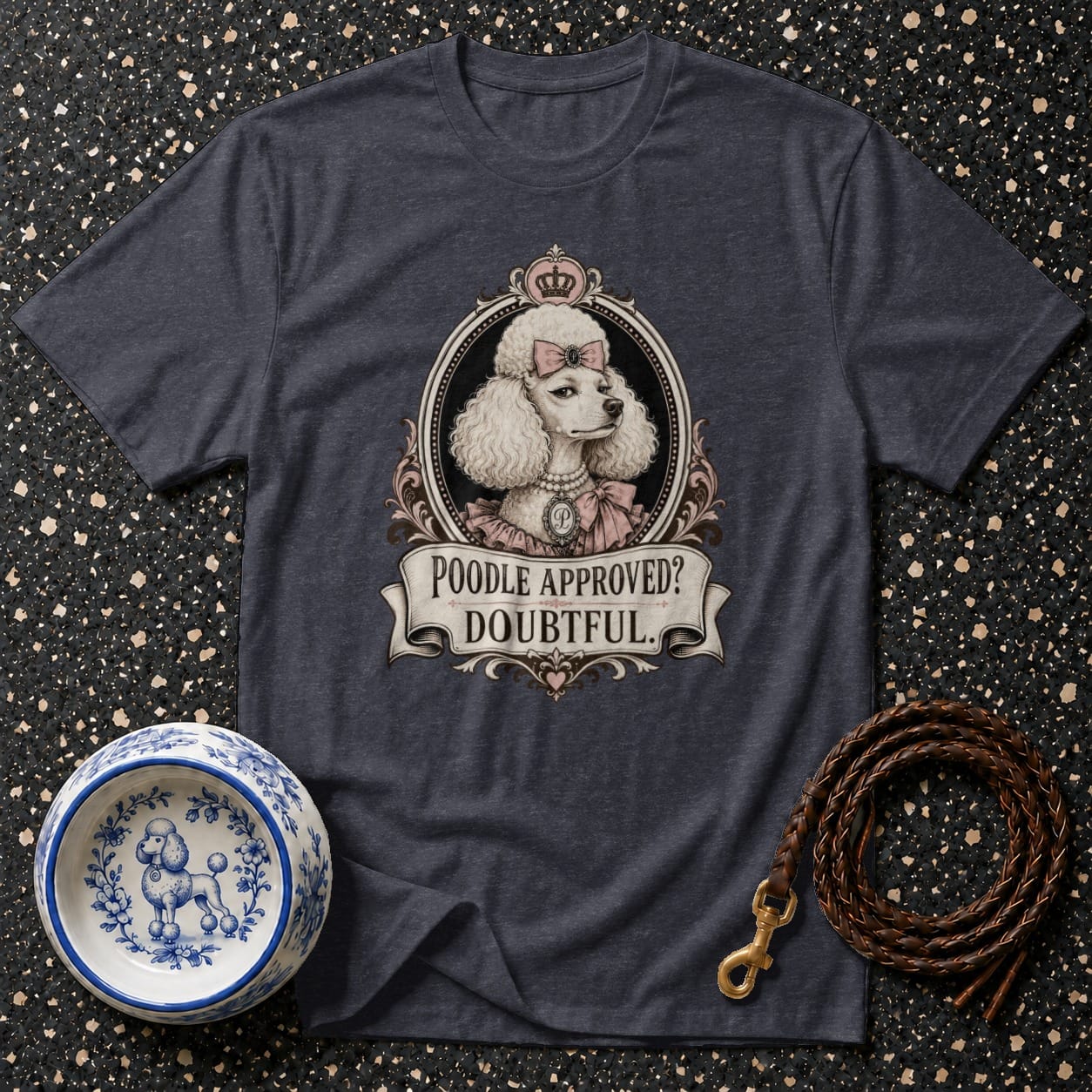 Dark grey t-shirt with a poodle illustration and "Poodle Approved? Doubtful." text.
