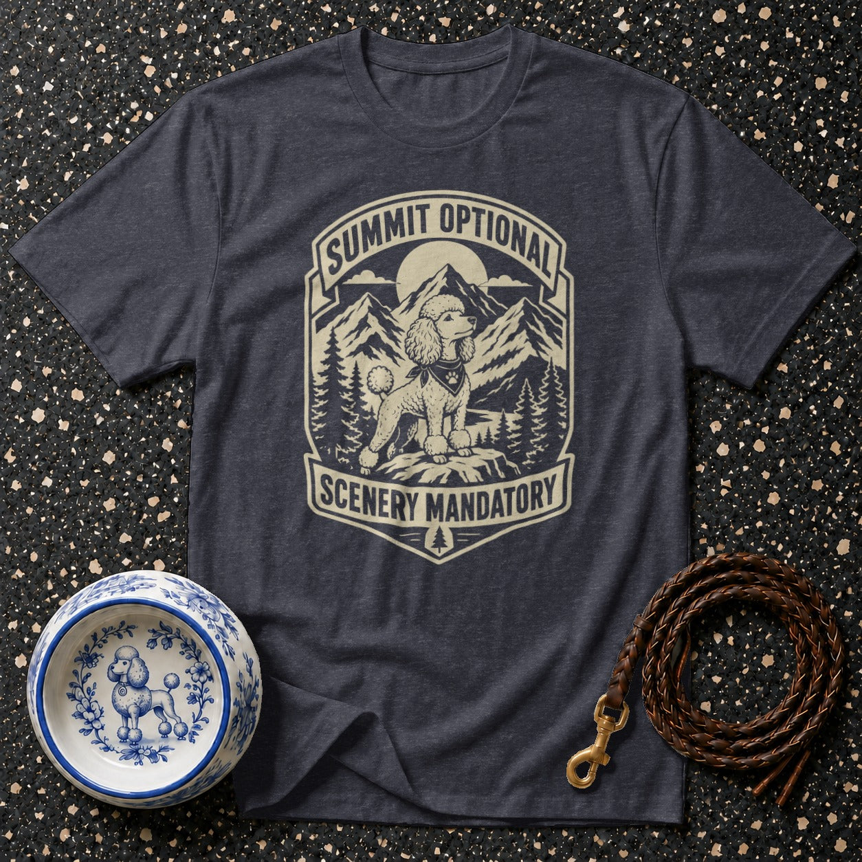 Dark grey t-shirt with a graphic of a poodle in mountains, reading "Summit Optional Scenery Mandatory".