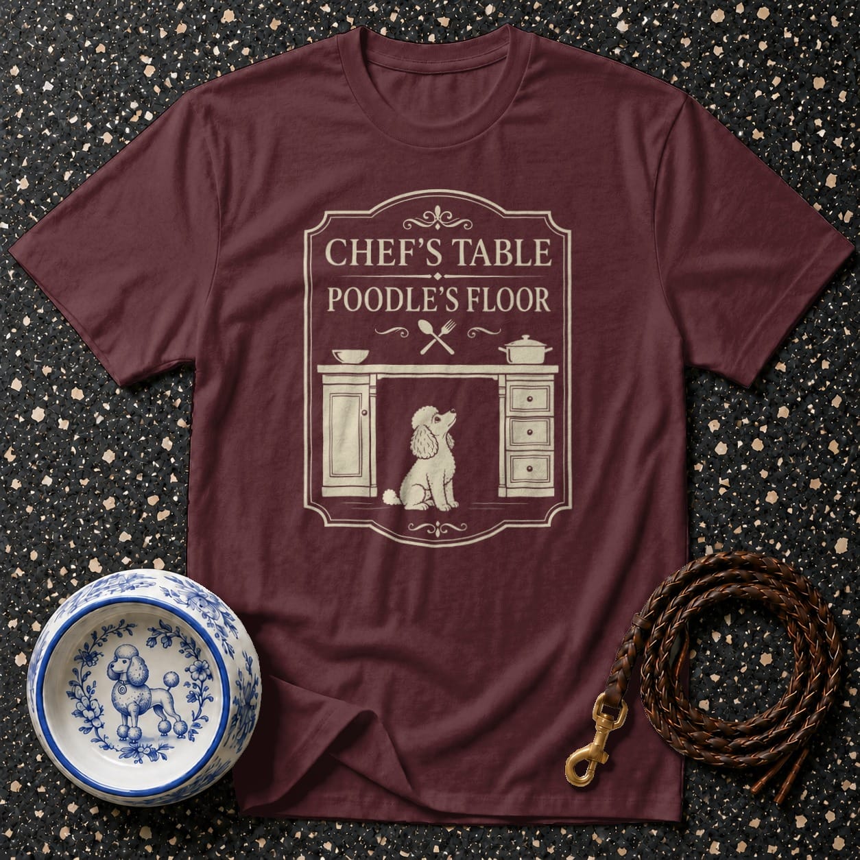 Maroon t-shirt with "CHEF'S TABLE POODLE'S FLOOR" graphic and poodle illustration.
