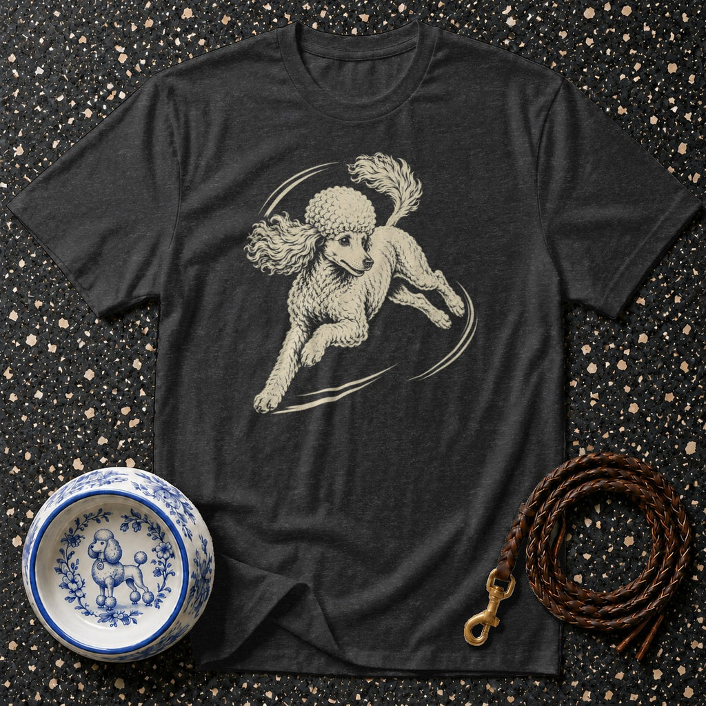 Dark grey t-shirt with a cream poodle graphic and matching decorative dog bowl.