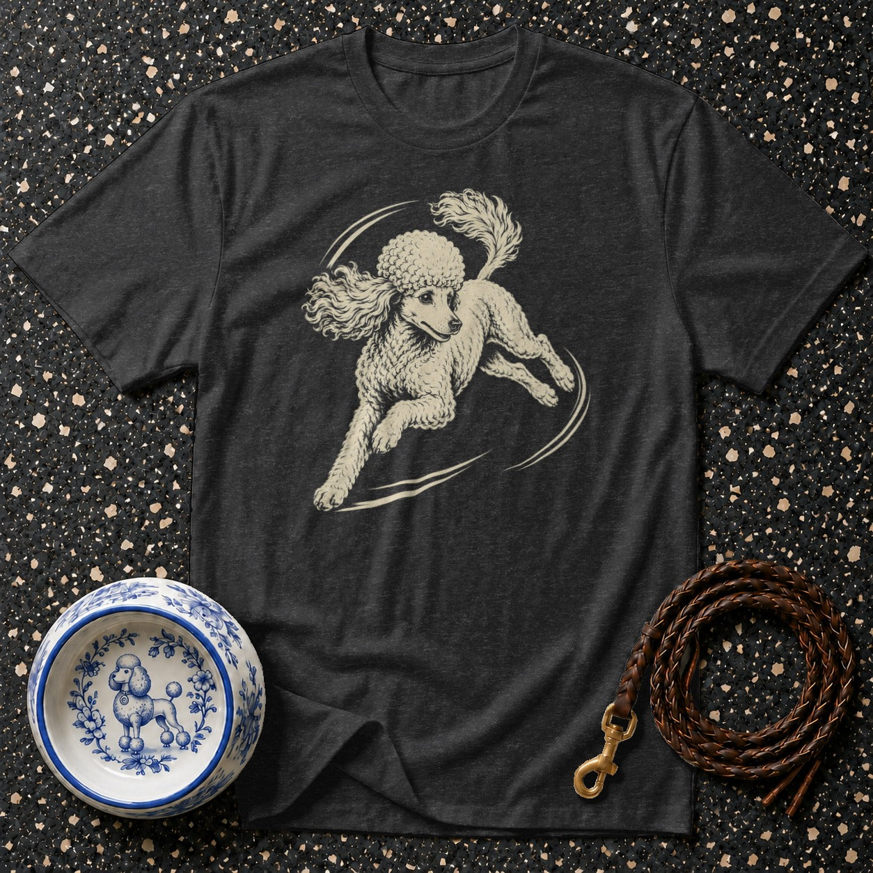 Dark grey t-shirt with a cream poodle graphic and matching decorative dog bowl.