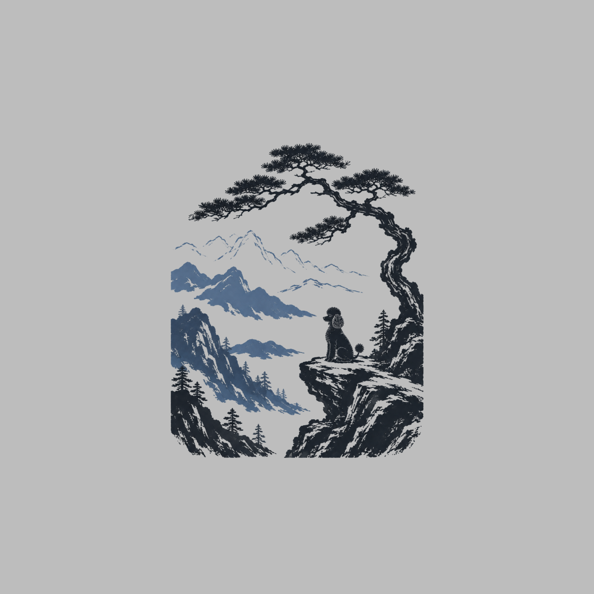 Poodle sitting on cliff overlooking misty mountains under a large pine tree.
