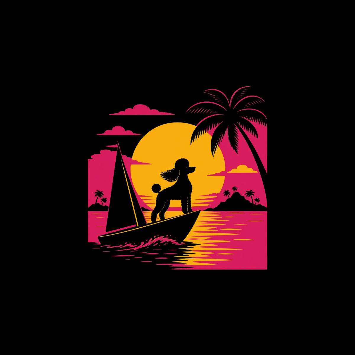Silhouette of poodle on sailboat at sunset with palm trees and islands.