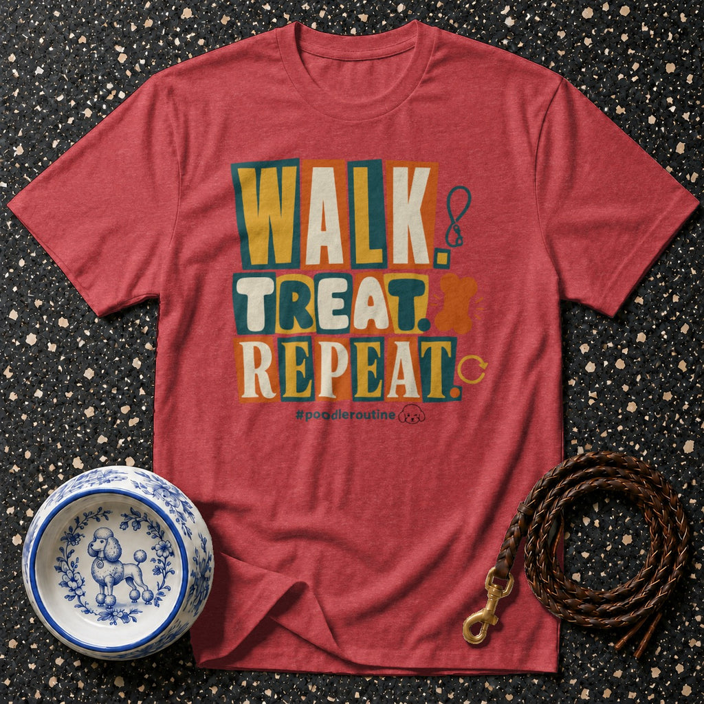 Red t-shirt with "WALK TREAT REPEAT" text, a decorative dog bowl, and a leather leash.