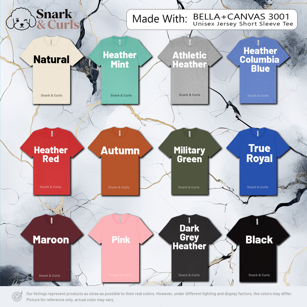 T-shirt color swatch display including Natural, Heather Mint, Athletic Heather, and Columbia Blue.