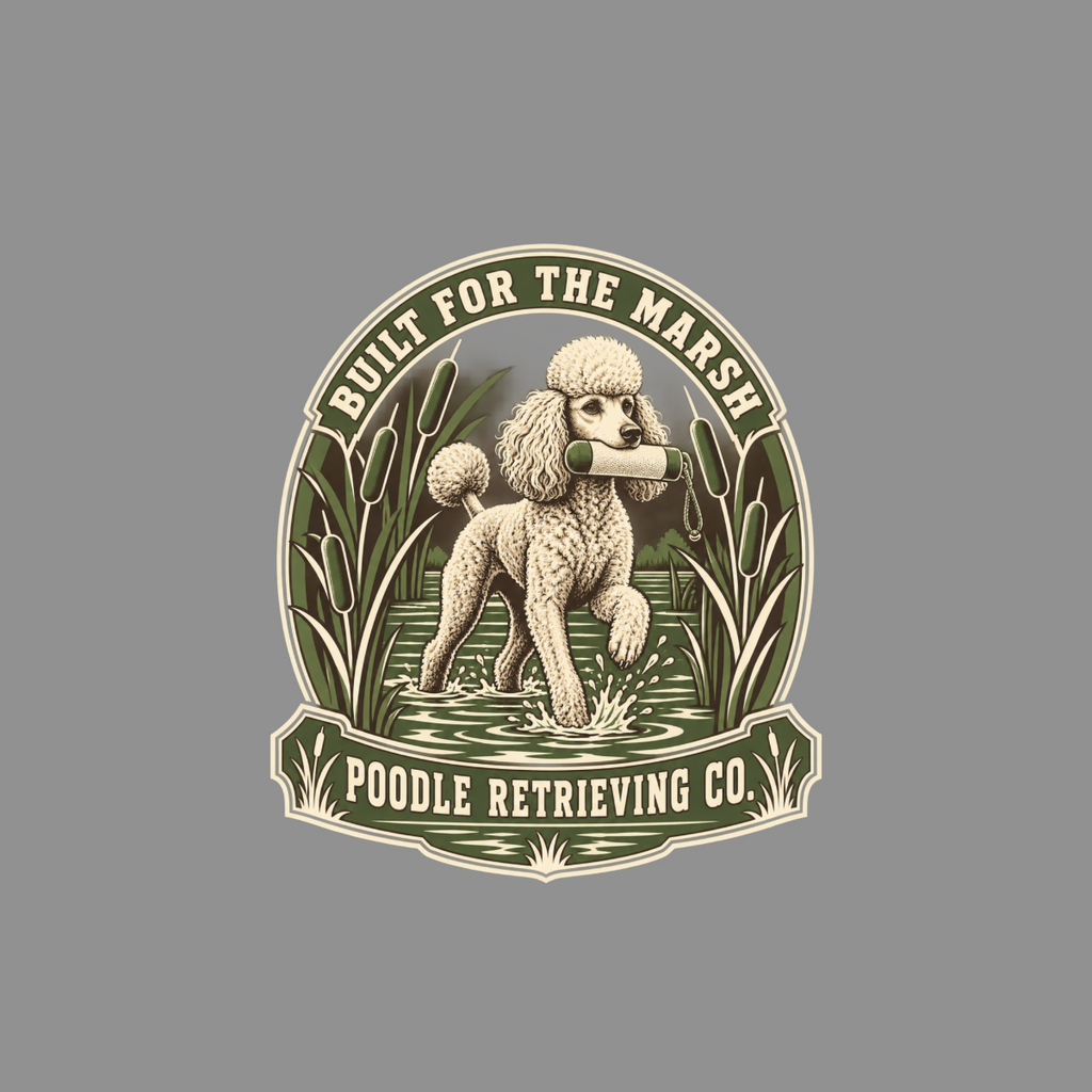 Poodle retrieving a dummy in water, with cattails and text "Built for the Marsh Poodle Retrieving Co."