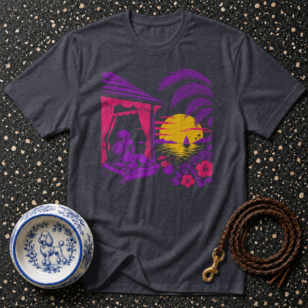 Dark grey t-shirt with a tropical poodle graphic, featuring a sunset over the ocean.