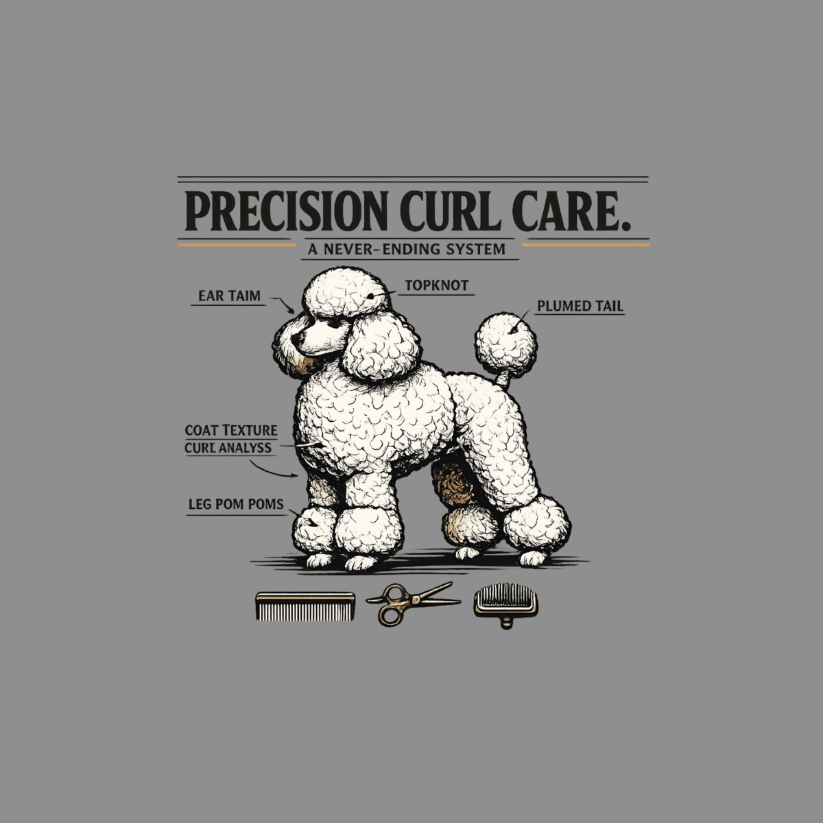 Poodle anatomy diagram for "Precision Curl Care," showing topknot and leg pom poms.