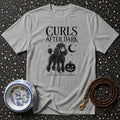 Grey t-shirt with black poodle, pumpkin, moon, and "Curls After Dark" text.