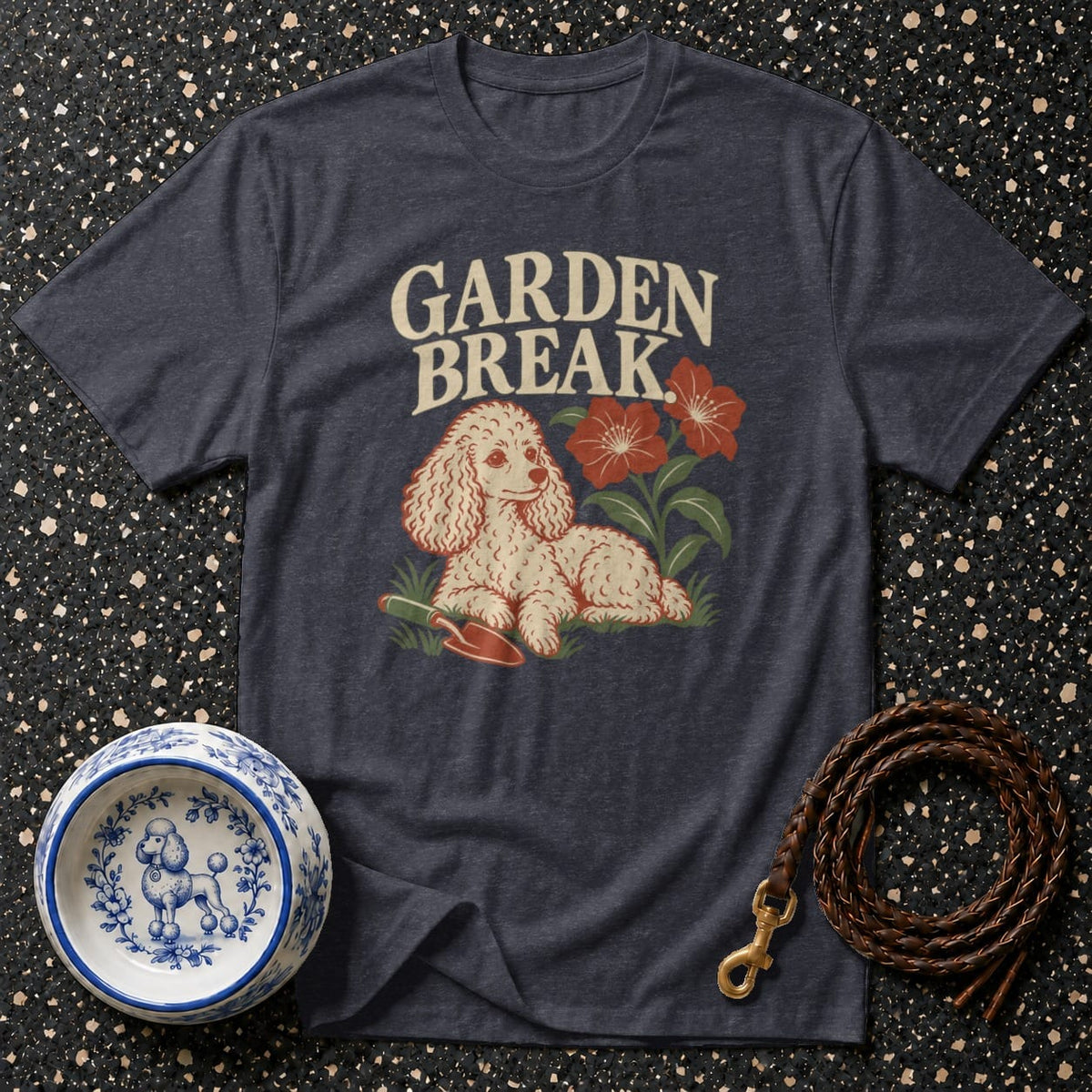 Dark grey t-shirt with "GARDEN BREAK" text, a poodle, and flowers.