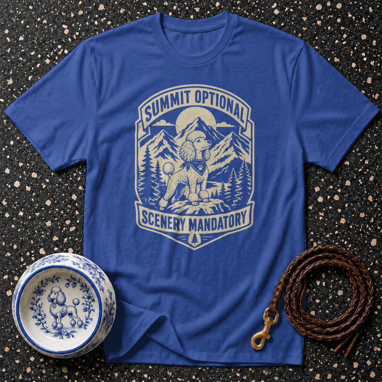 Blue t-shirt with a poodle graphic and text "Summit Optional Scenery Mandatory".