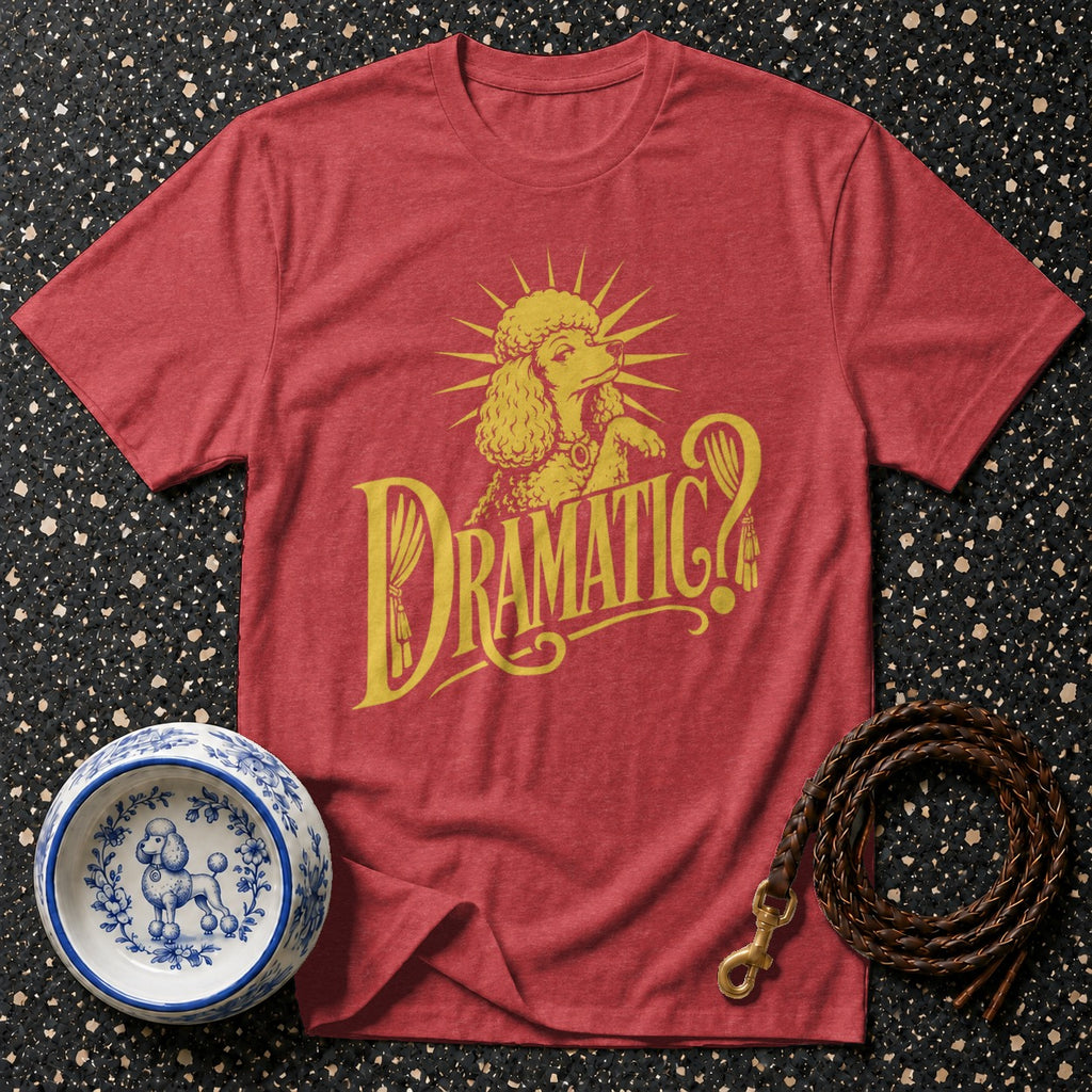 Red t-shirt with yellow poodle graphic and "Dramatic?" text.
