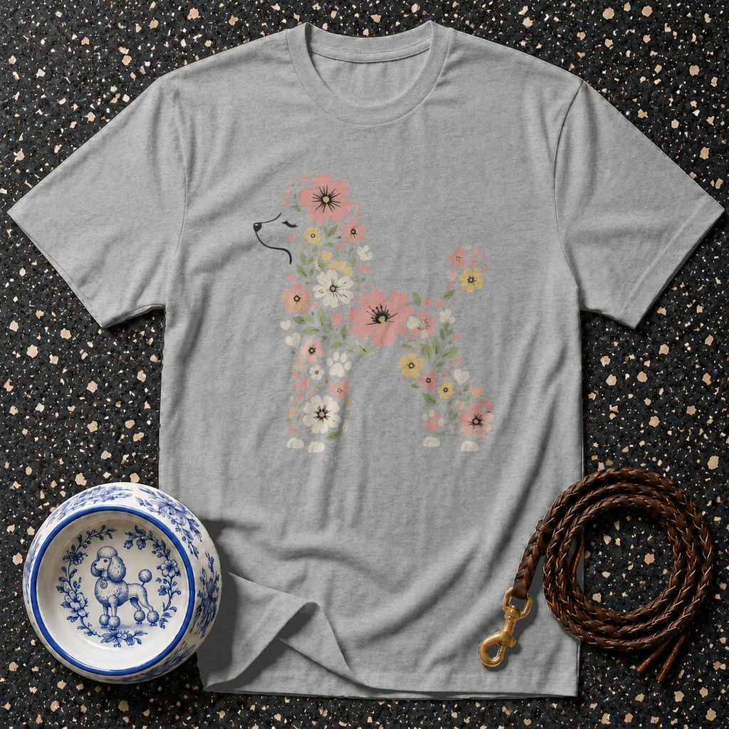 Grey t-shirt with a floral poodle silhouette design.