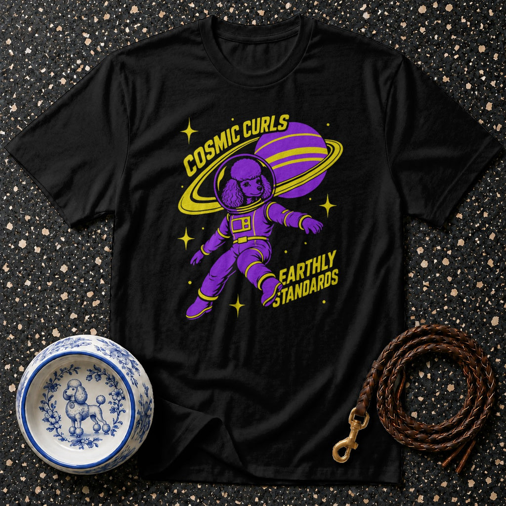 Black t-shirt with purple poodle astronaut, ringed planet, and text "Cosmic Curls Earthly Standards".