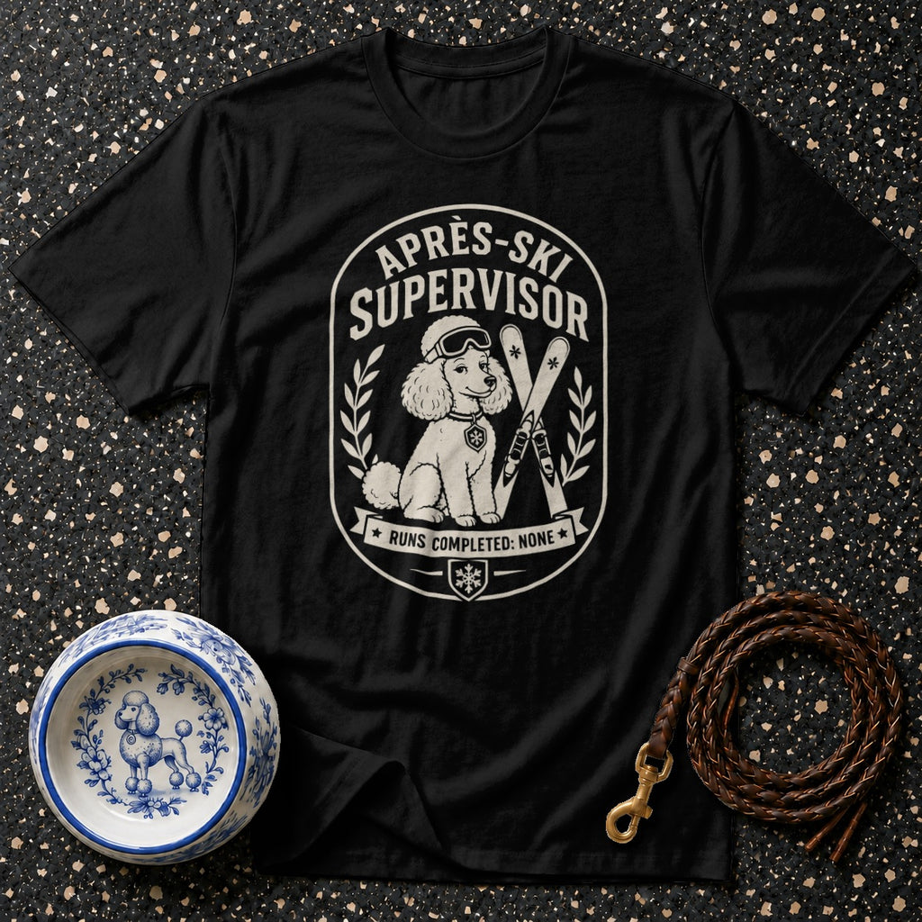 Black t-shirt with novelty graphic of a poodle wearing ski goggles and text.