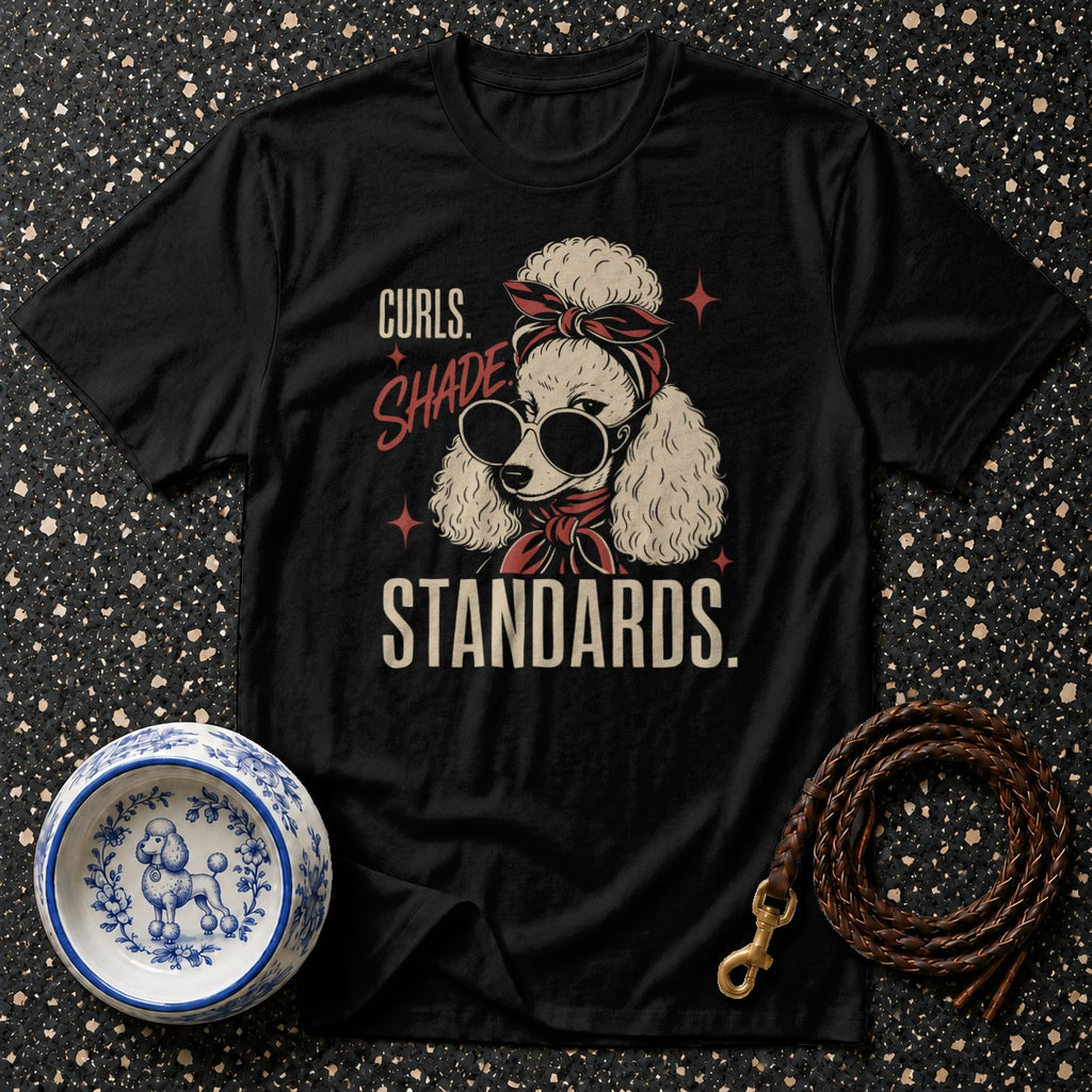Black t-shirt with a graphic of a poodle wearing sunglasses and a bandana, reading "Curls. Shade. Standards."