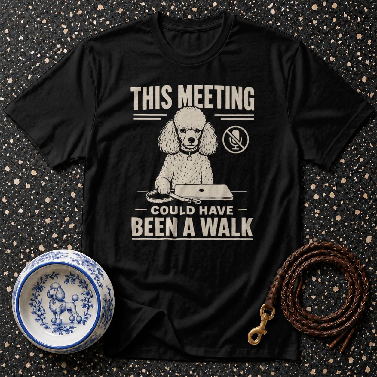 Black t-shirt with poodle graphic and text: This meeting could have been a walk.