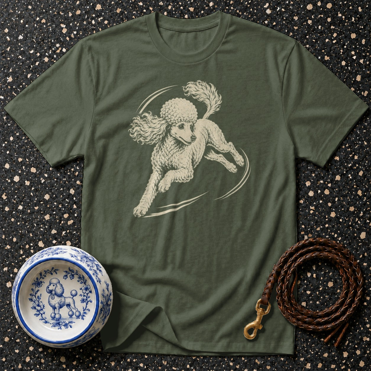 Green t-shirt with a cream-colored poodle graphic and decorative dog bowl and leash.