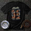 Black t-shirt with "A Poodle's Social Calendar" and six illustrated poodle activities.