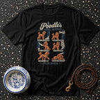 Black t-shirt with "A Poodle's Social Calendar" and six illustrated poodle activities.