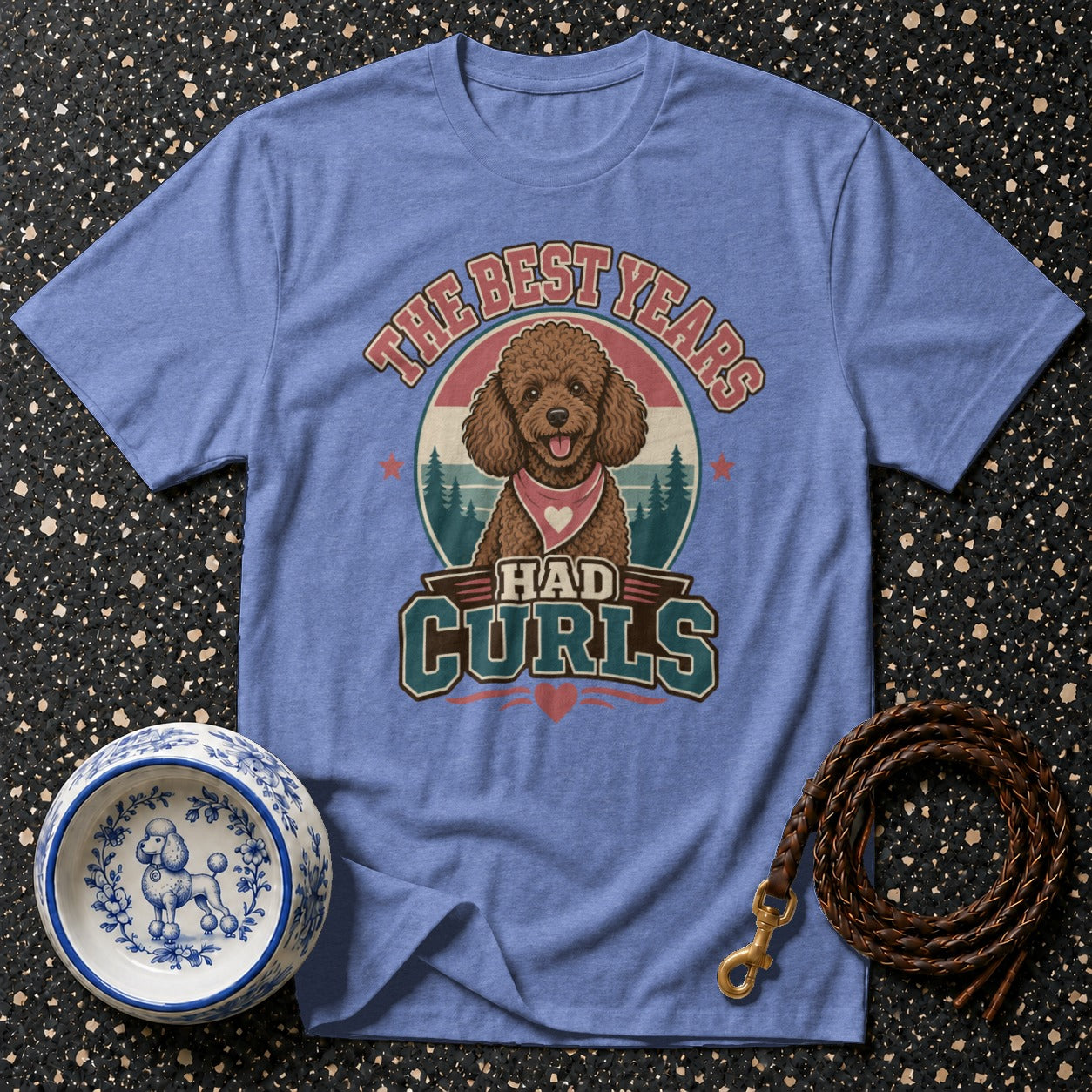 Blue t-shirt with poodle graphic and text "The best years had curls".