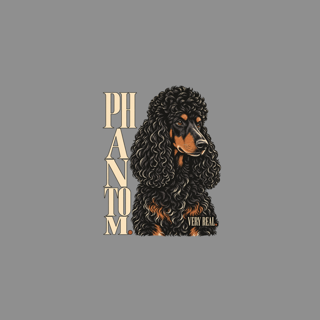 Black poodle with fluffy curly fur and tan markings, text "PHANTOM" and "VERY REAL".