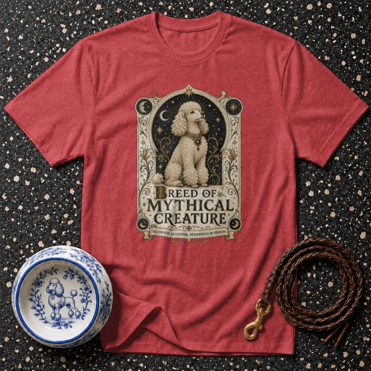 Red t-shirt with a poodle graphic that reads "Breed of Mythical Creature".