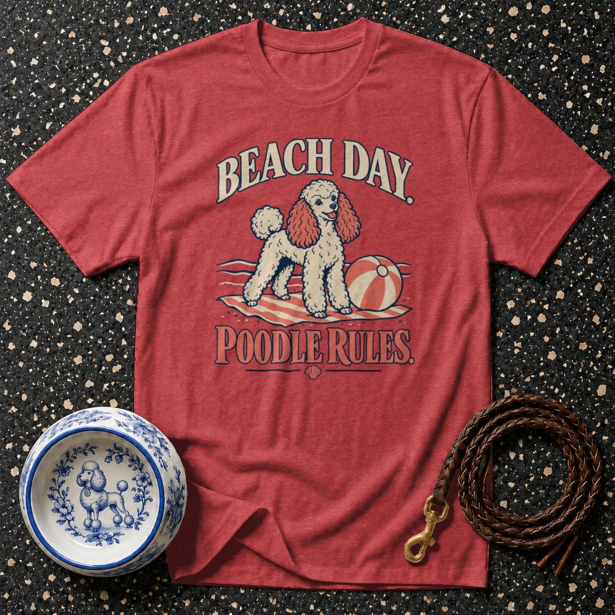 Red t-shirt with "Beach Day Poodle Rules" text and a poodle on a beach towel.