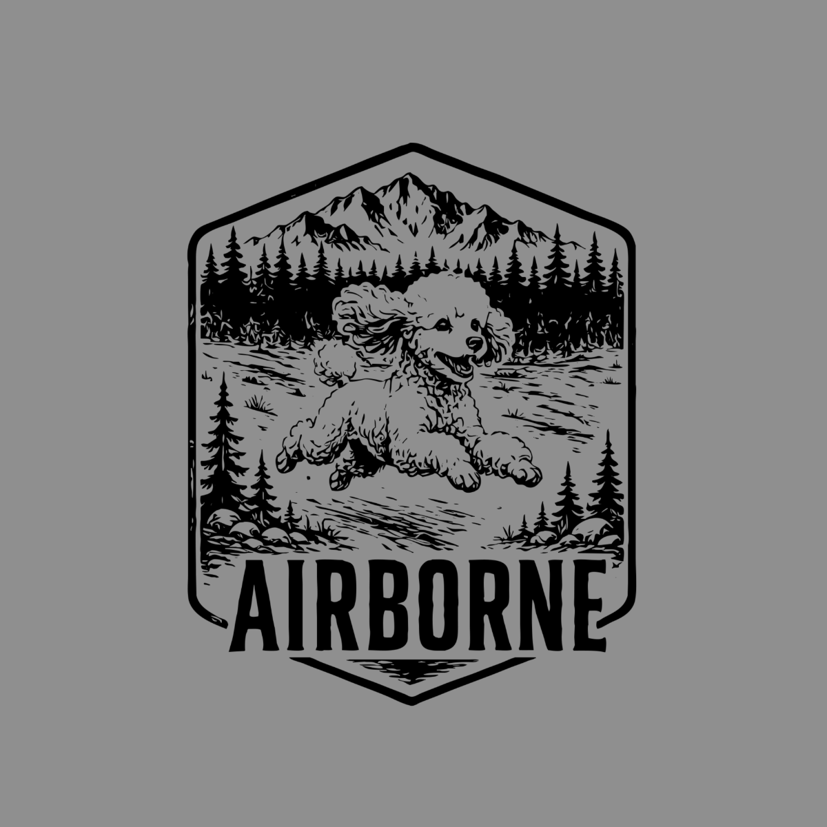Poodle jumping with mountains and trees, "AIRBORNE" text in a badge.