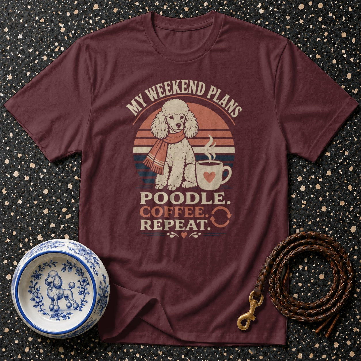 Maroon t-shirt with poodle, coffee, and "My Weekend Plans" text graphic.