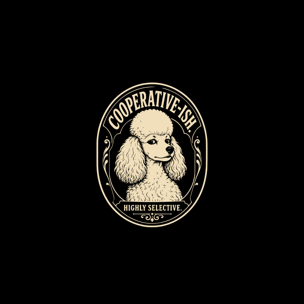 Oval logo with poodle head and text "COOPERATIVE-ISH. HIGHLY SELECTIVE."