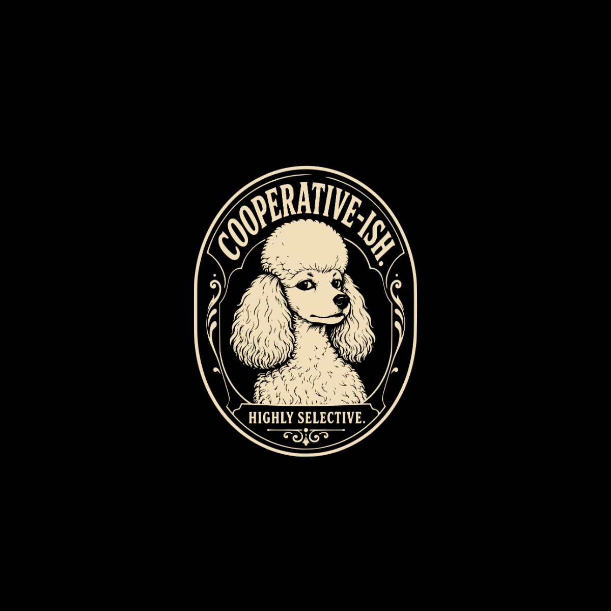 Oval logo with poodle head and text "COOPERATIVE-ISH. HIGHLY SELECTIVE."