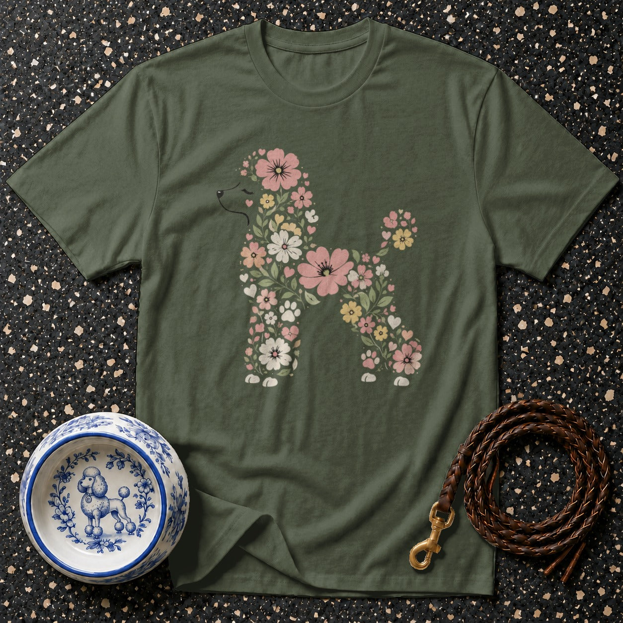 Olive green t-shirt with floral poodle design and dog bowl.