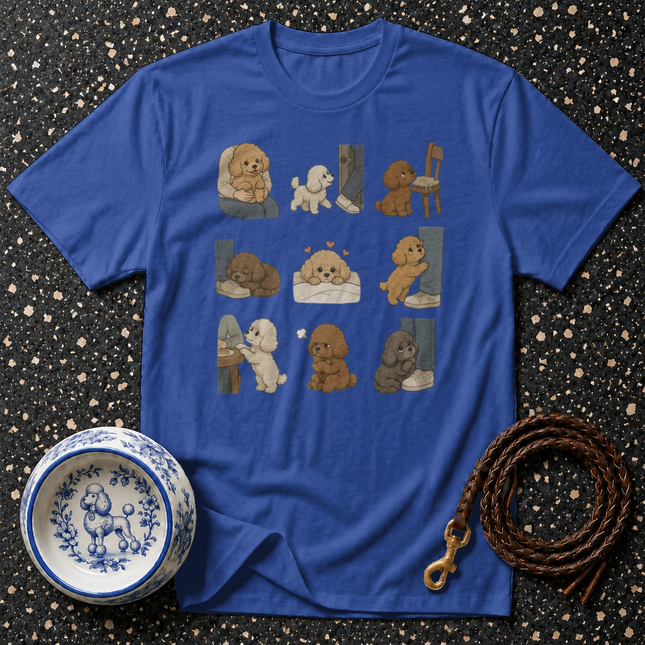 Blue t-shirt featuring a grid of nine adorable poodle illustrations in various cute poses.