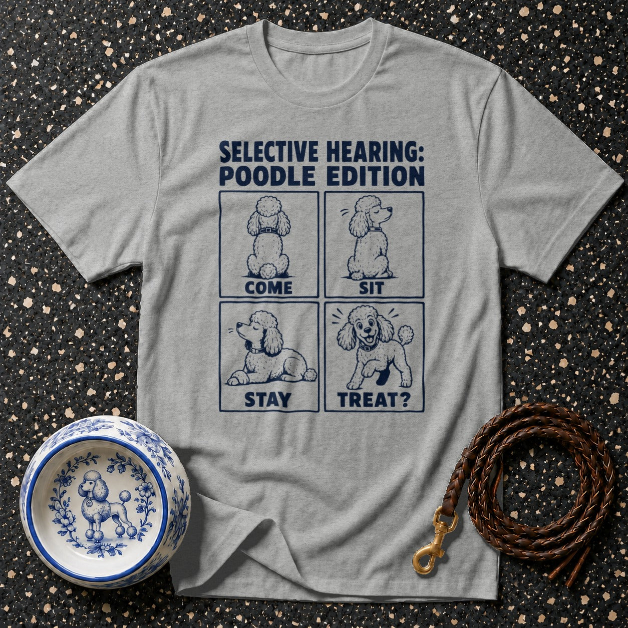 Gray t-shirt with "Selective Hearing: Poodle Edition" and four poodle illustrations.