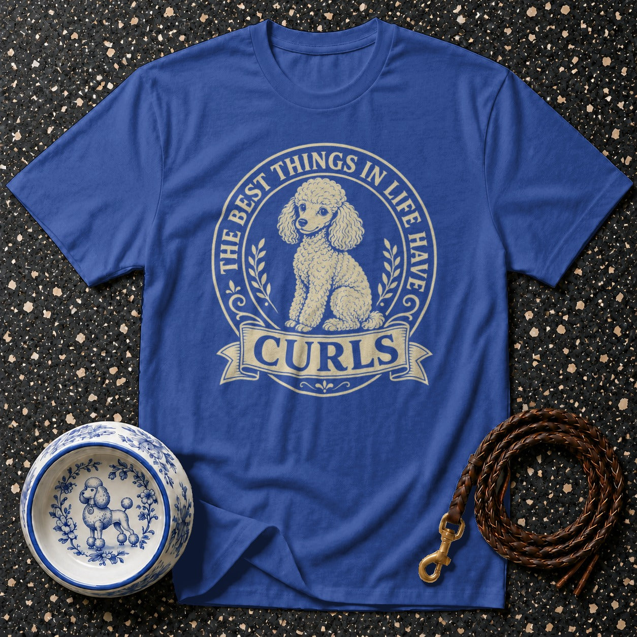 Blue t-shirt with a poodle graphic and "The Best Things In Life Have Curls" text.