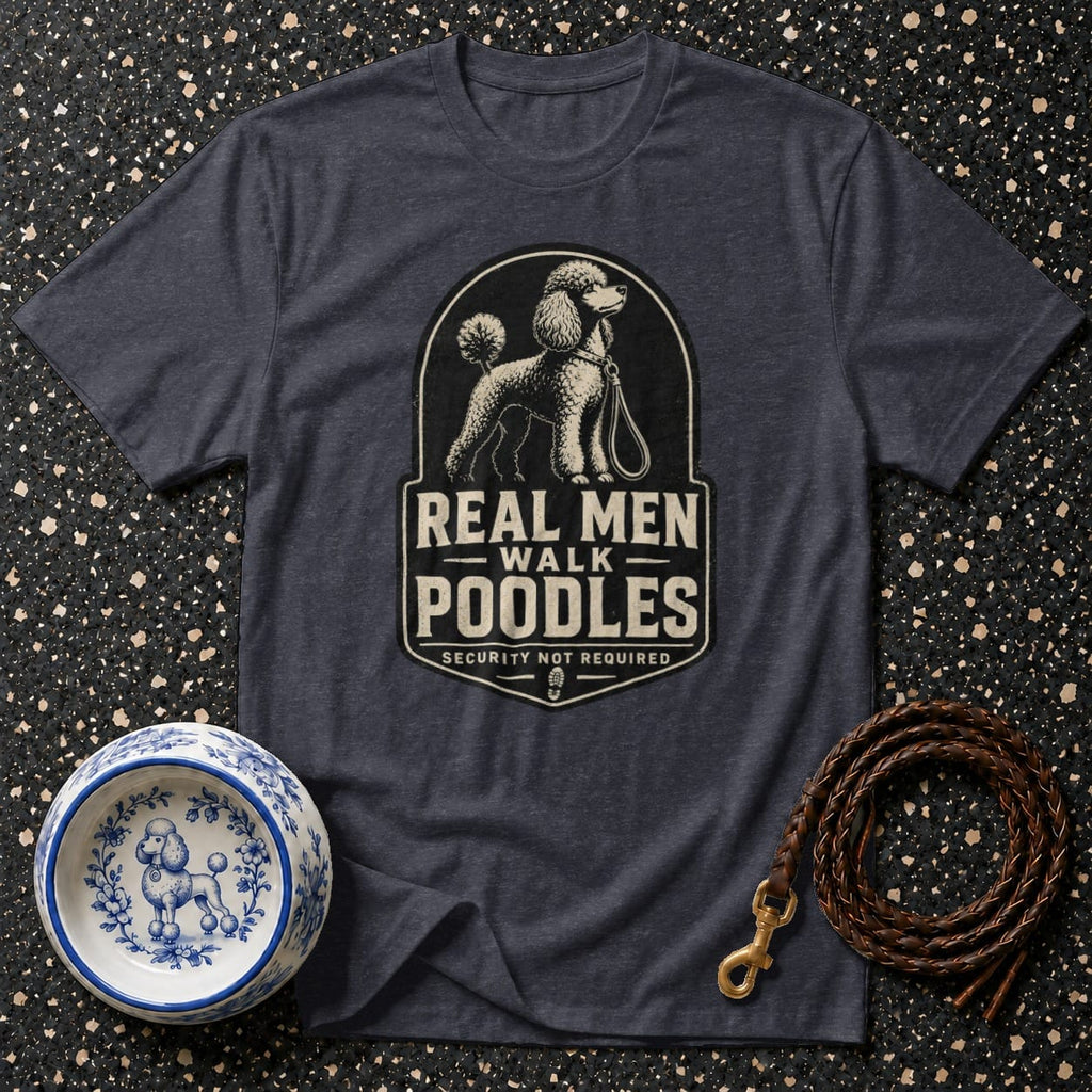 Dark grey t-shirt with "Real Men Walk Poodles" graphic and poodle illustration.