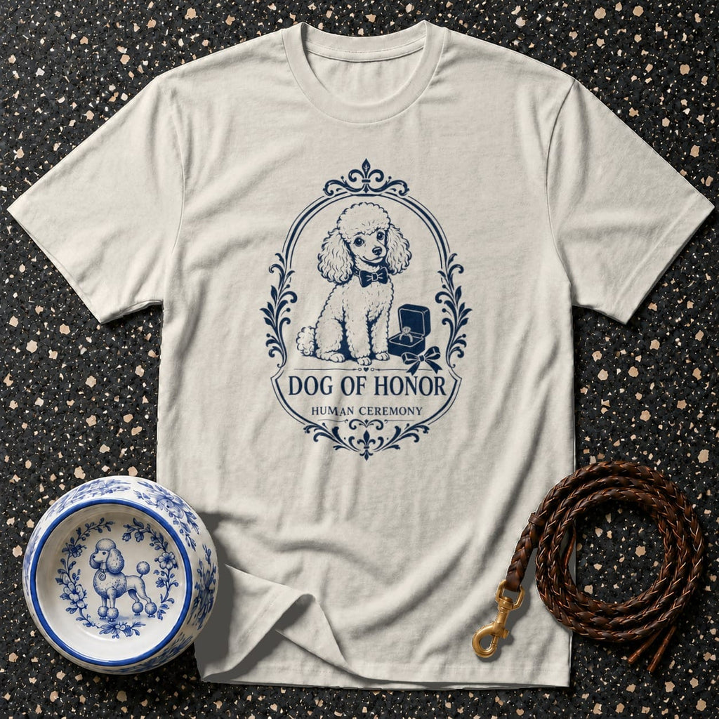 Cream t-shirt with navy "Dog of Honor Human Ceremony" poodle graphic.
