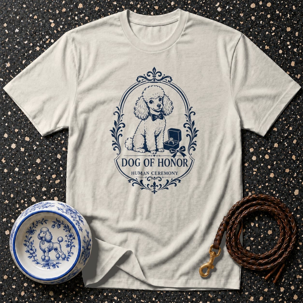 Cream t-shirt with navy "Dog of Honor Human Ceremony" poodle graphic.
