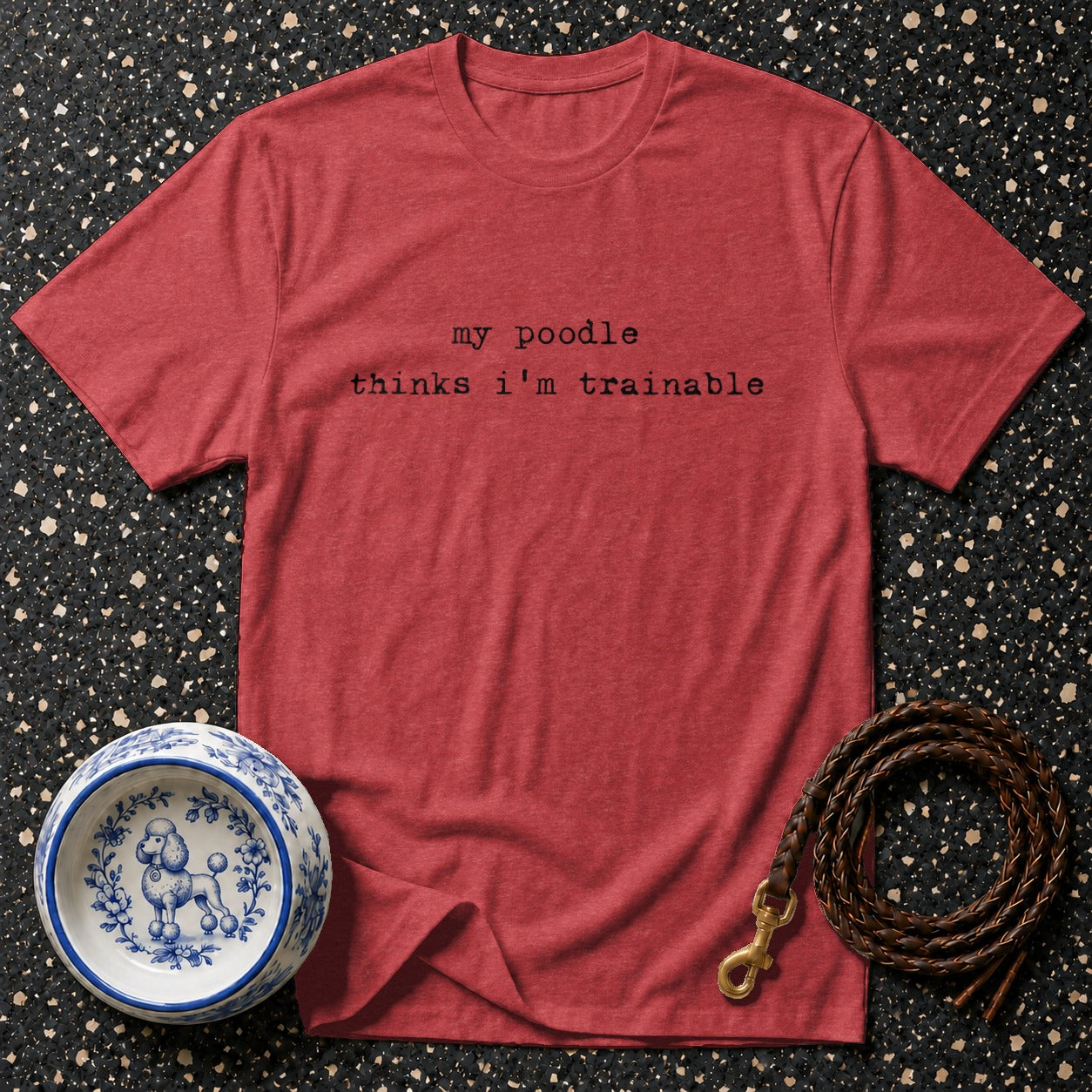 Red t-shirt with "my poodle thinks i'm trainable" text, pet bowl, and leash.