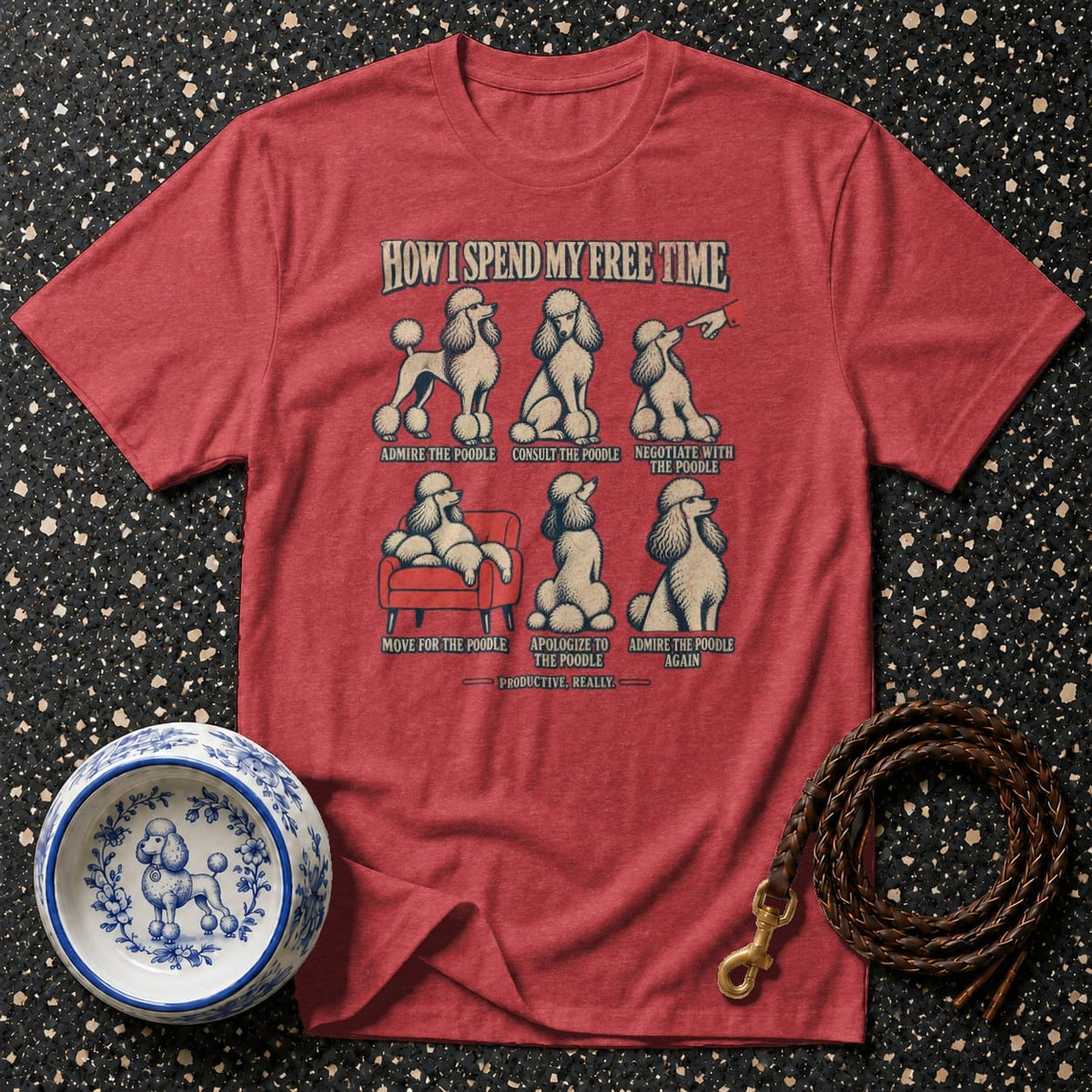 T-shirt with "How I Spend My Free Time" and poodle illustrations.