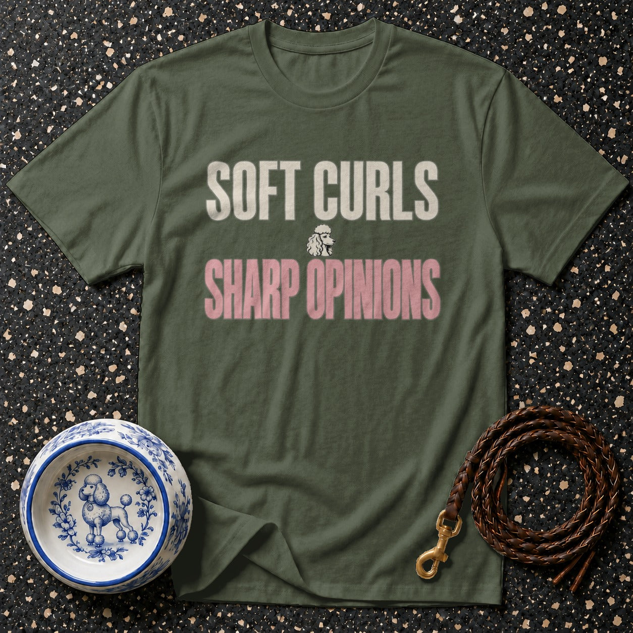 Green t-shirt with "SOFT CURLS SHARP OPINIONS" text and poodle graphic.