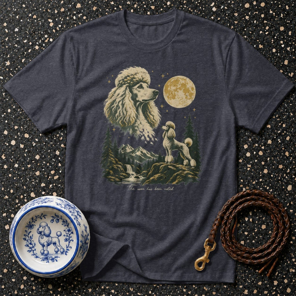 T-shirt with vintage poodle illustration under a moonlit sky and text.