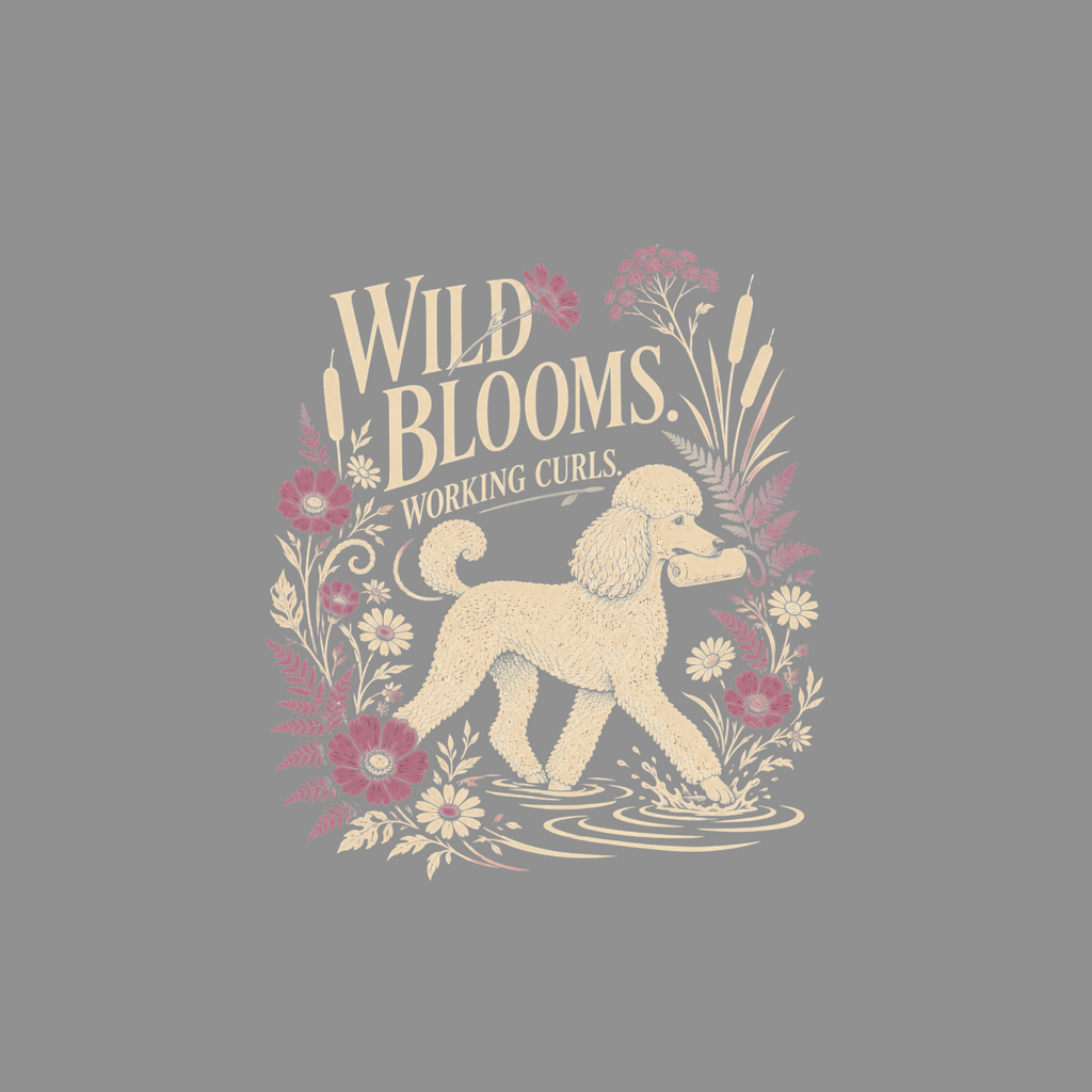 Poodle walking in water surrounded by flowers and text Wild Blooms Working Curls.