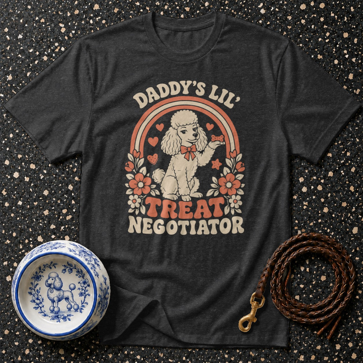 Dark gray t-shirt with vintage poodle graphic and text "Daddy's Lil Treat Negotiator".