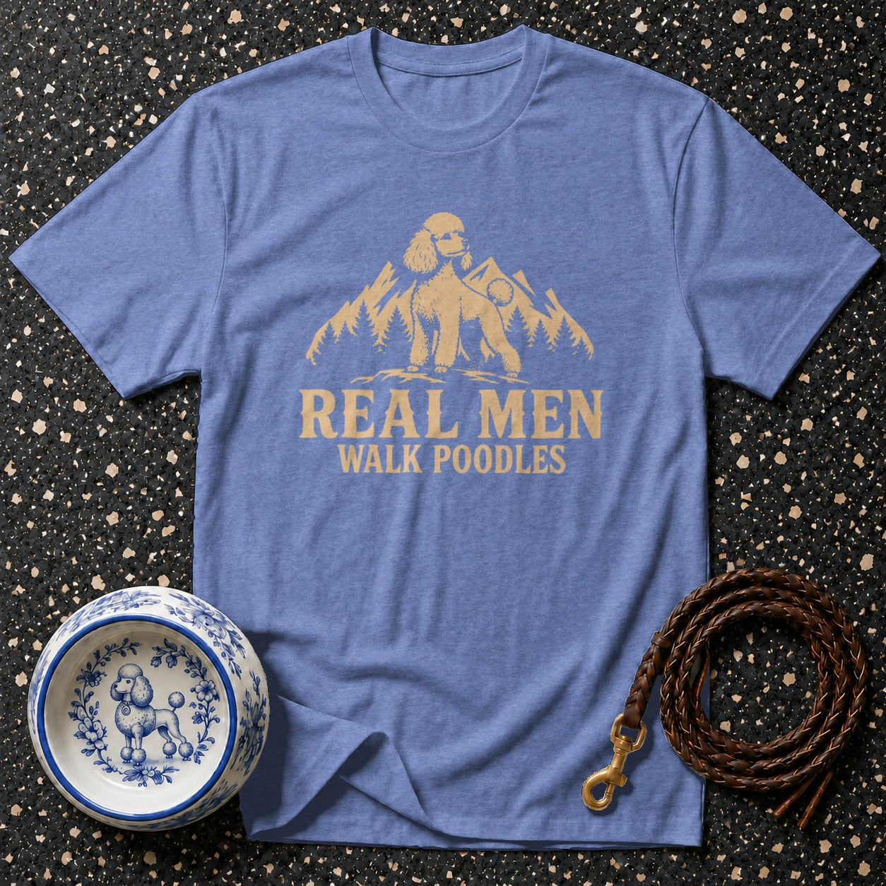 Blue t-shirt with "Real Men Walk Poodles" text and poodle graphic.