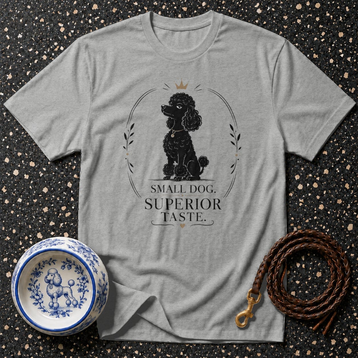 Grey t-shirt with black poodle graphic and text SMALL DOG. SUPERIOR TASTE.