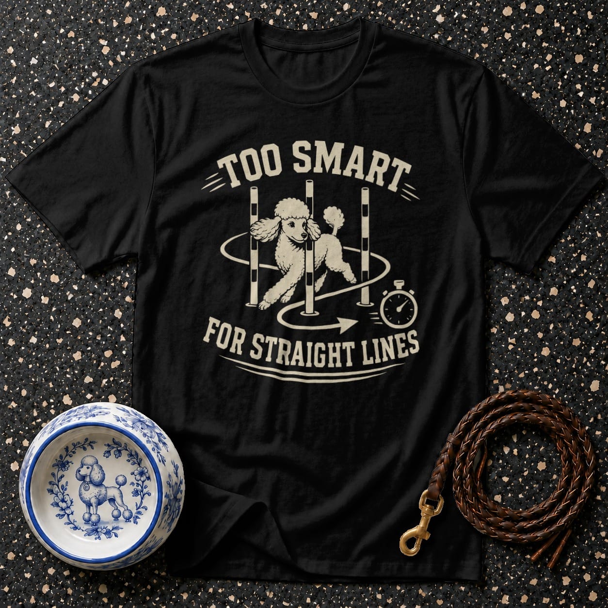 Black t-shirt with poodle agility design "Too Smart For Straight Lines".