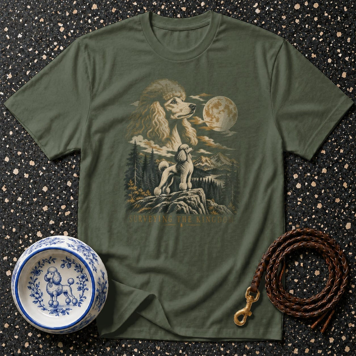 Green t-shirt with poodle graphic titled "Surveying The Kingdom" and a dog bowl.