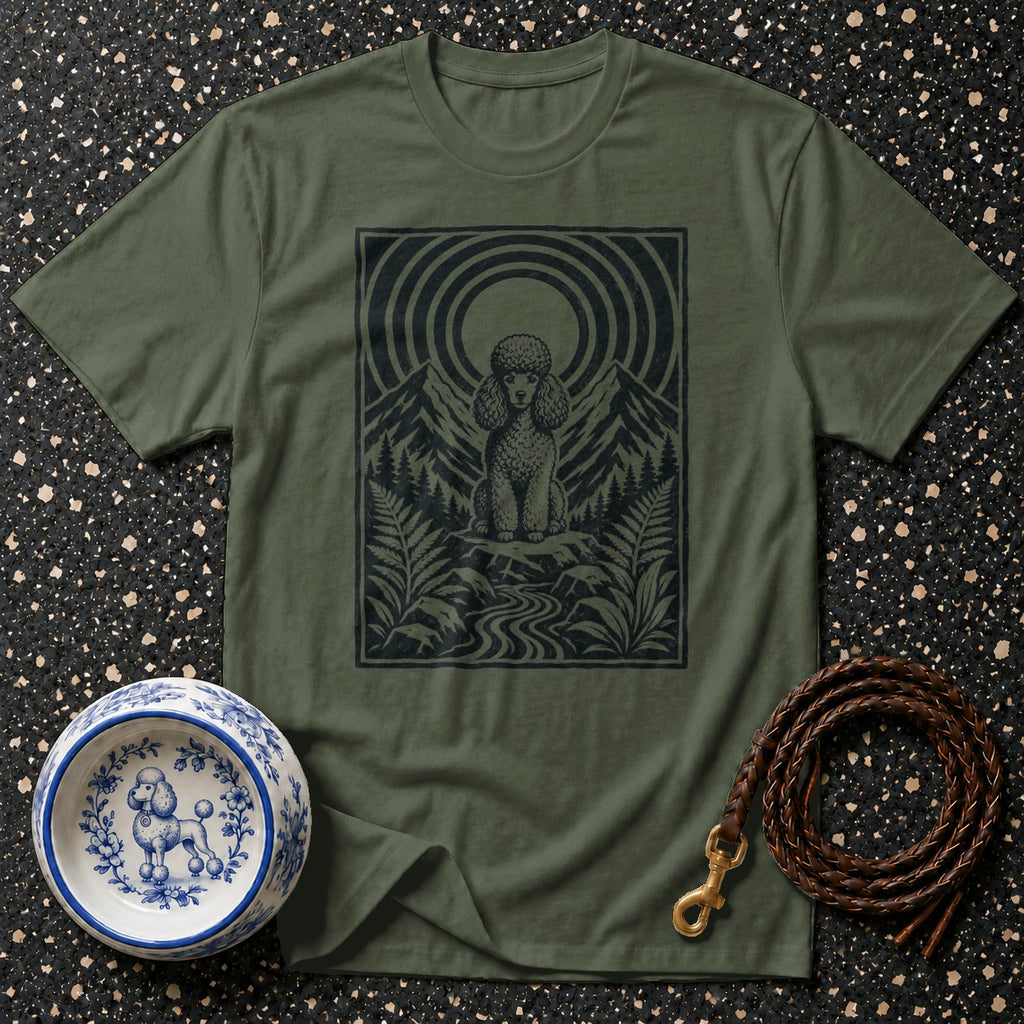 Olive t-shirt with poodle in mountain landscape graphic, dog bowl, and leash.
